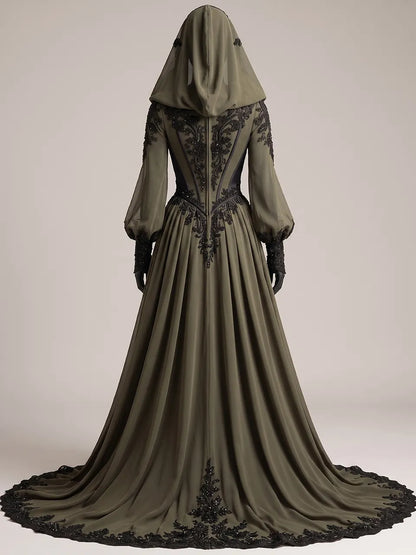 Womens Hooded V Neck Fitted Waist Lantern Long Sleeve Embroidered Train Maxi Gown