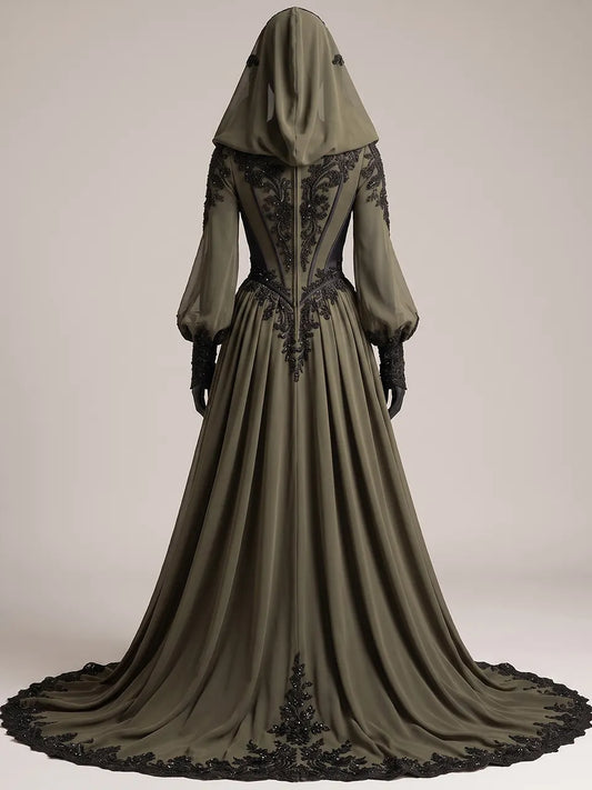 Womens Hooded V Neck Fitted Waist Lantern Long Sleeve Embroidered Train Maxi Gown