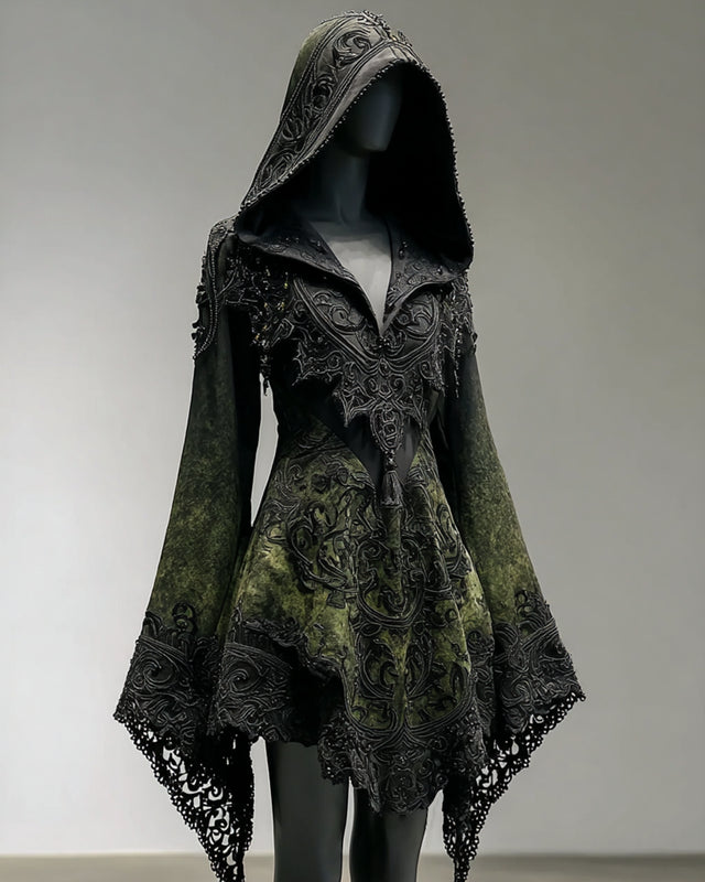 Boho Witch Gradient Bat Embroidered Lace Patchwork Hooded Evening Dress 7e43