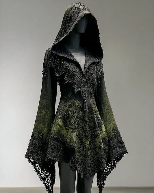 Boho Witch Gradient Bat Embroidered Lace Patchwork Hooded Evening Dress 7e43