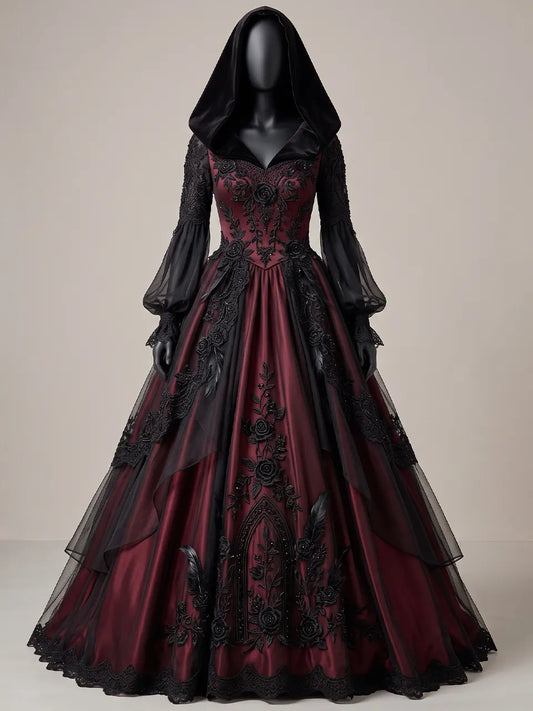 Womens V Neck Velvet Hooded Lantern Sleeve Embroidered Tulle Overlay Ball Gown