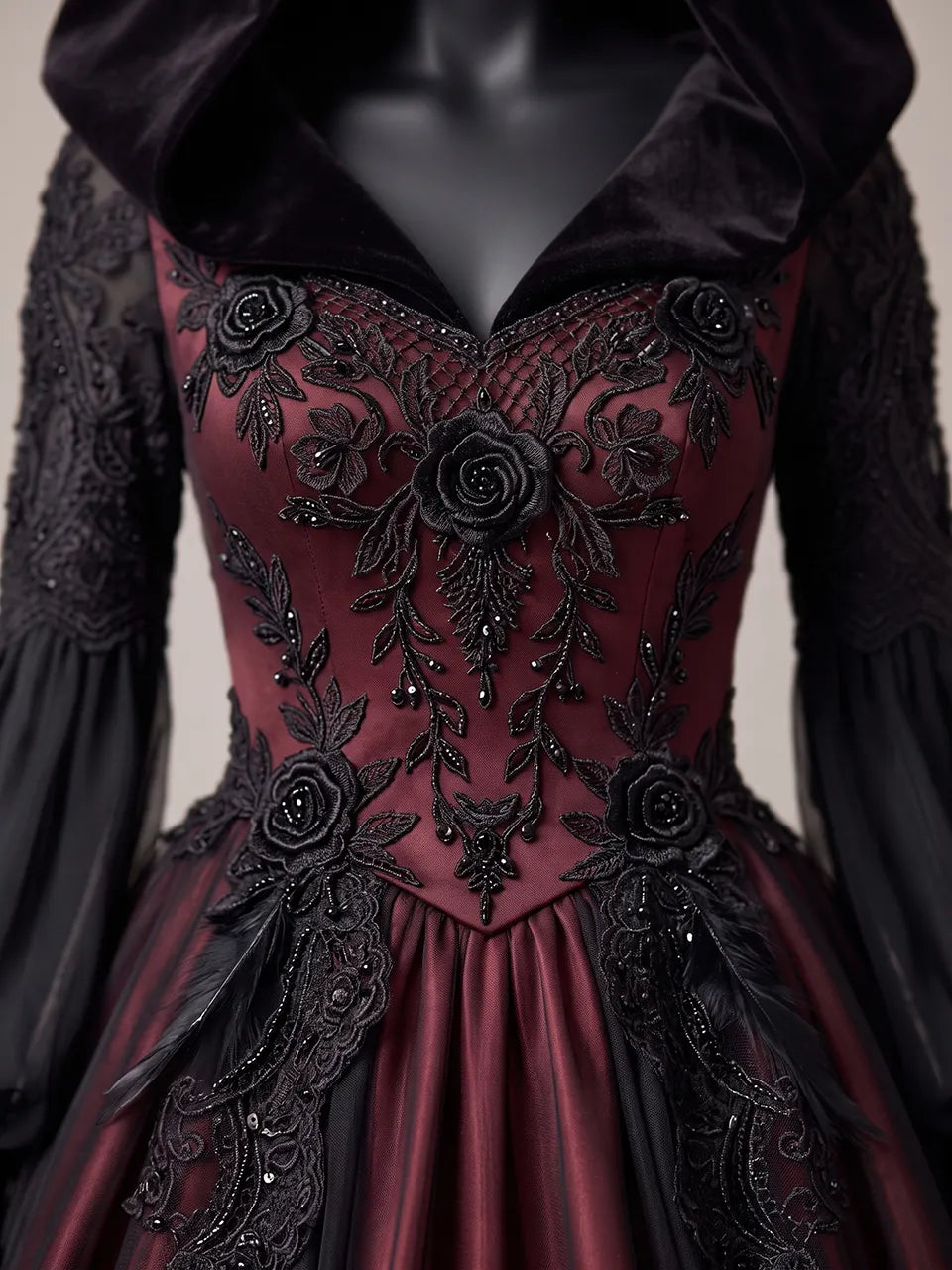 Womens V Neck Velvet Hooded Lantern Sleeve Embroidered Tulle Overlay Ball Gown