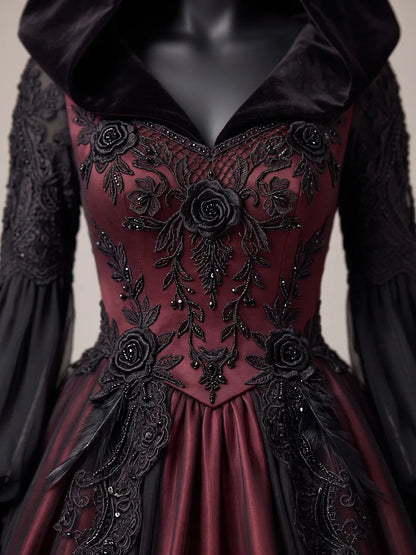 Womens V Neck Velvet Hooded Lantern Sleeve Embroidered Tulle Overlay Ball Gown