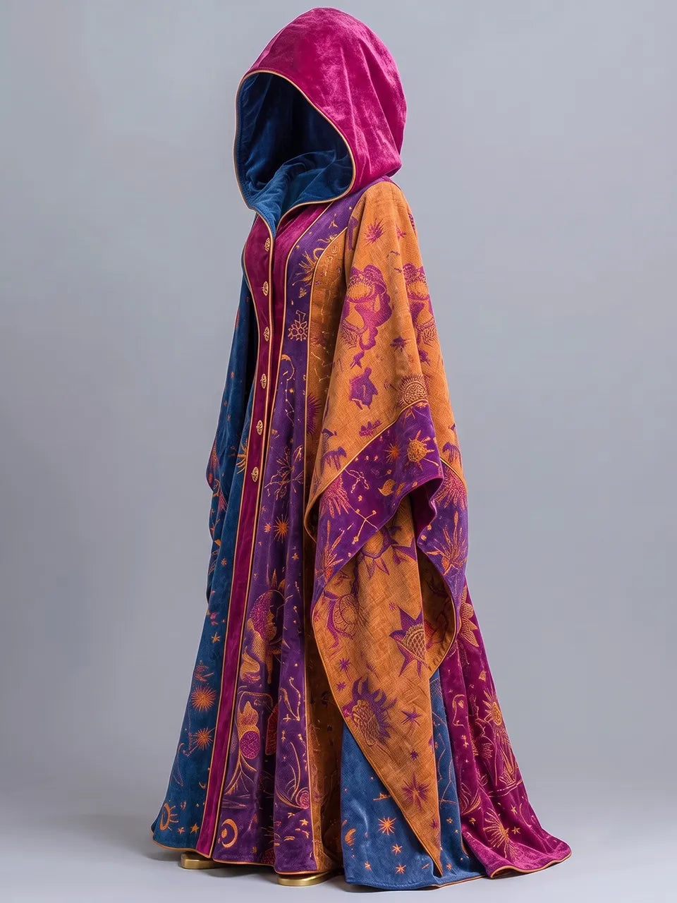 Womens Hooded V-neck Single-breasted Wide Sleeve Astrological Print Velvet Long Wizard Robe