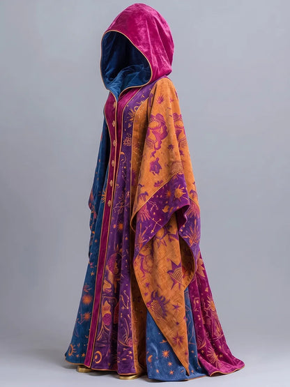 Womens Hooded V-neck Single-breasted Wide Sleeve Astrological Print Velvet Long Wizard Robe