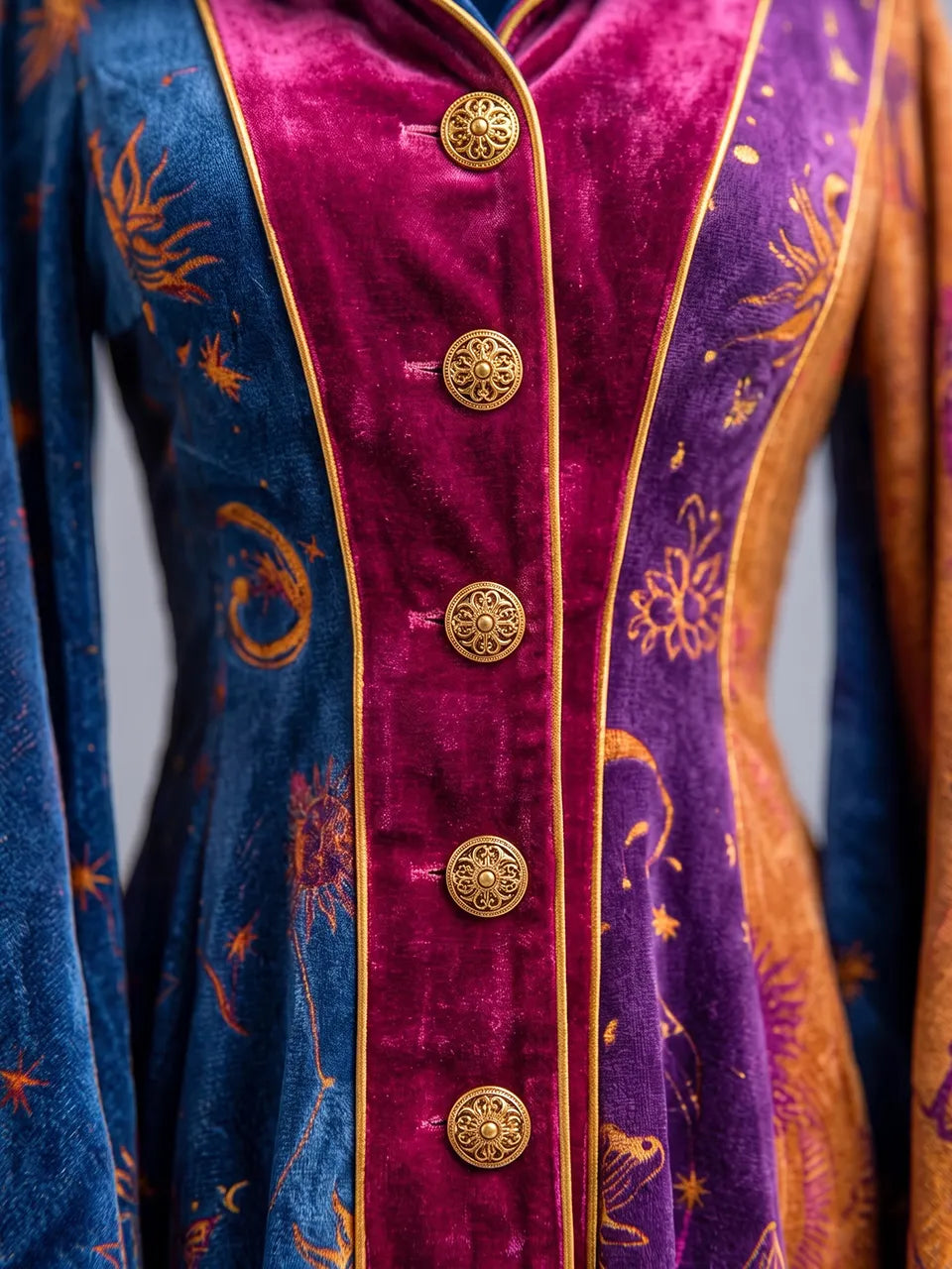 Womens Hooded V-neck Single-breasted Wide Sleeve Astrological Print Velvet Long Wizard Robe