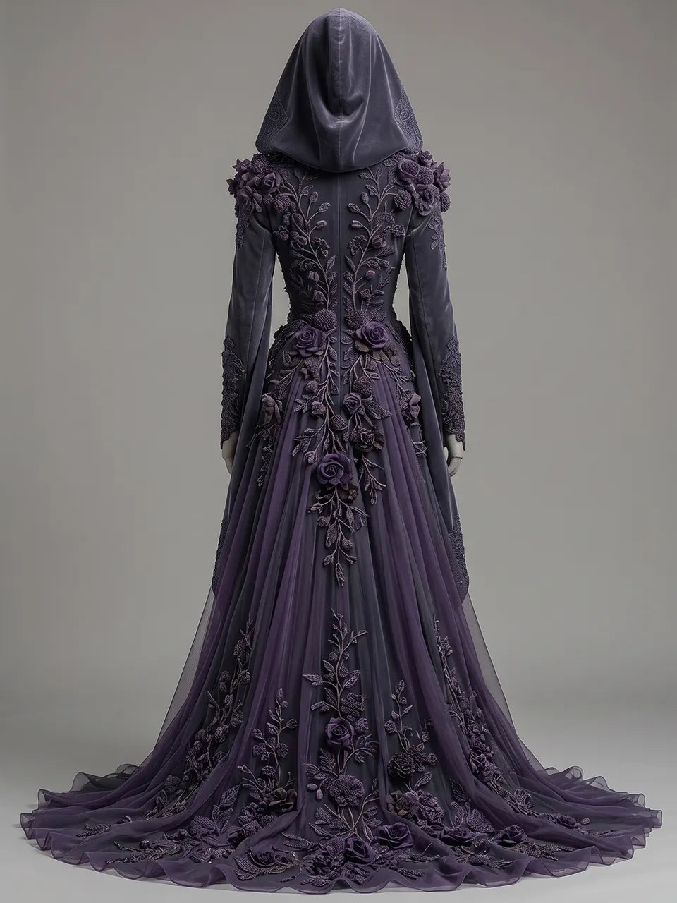 Womens Hooded Deep V Neck Velvet 3D Floral Embroidered Draped Long Sleeve Spliced Tulle Train Long Gown
