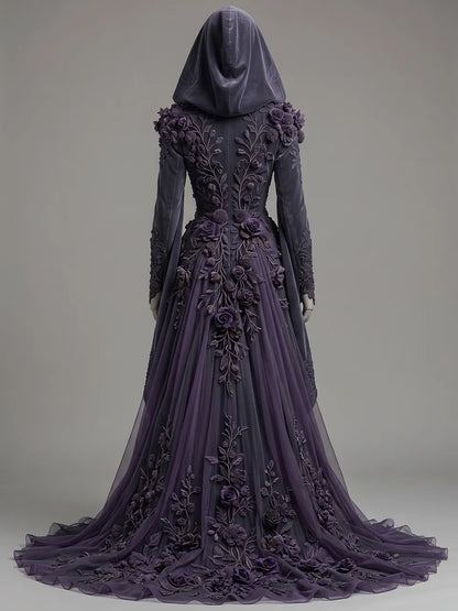 Womens Hooded Deep V Neck Velvet 3D Floral Embroidered Draped Long Sleeve Spliced Tulle Train Long Gown