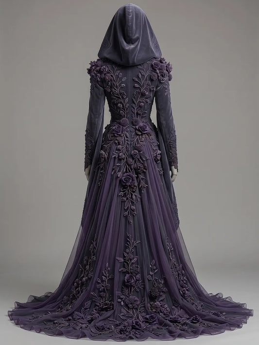 Womens Hooded Deep V Neck Velvet 3D Floral Embroidered Draped Long Sleeve Spliced Tulle Train Long Gown