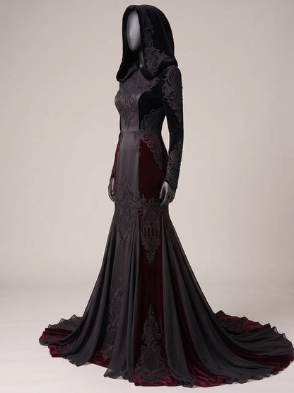 Womens Velvet Hooded Long Sleeve Spiderweb Embroidered Fitted Tulle Panel Train Mermaid Maxi Gown