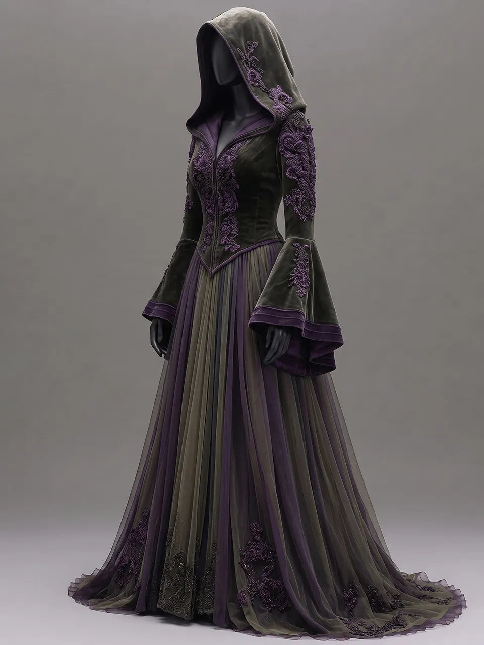 Womens Hooded V Neck Velvet Embroidered Spliced Flare Sleeve Striped Tulle Train Long Gown