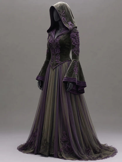 Womens Hooded V Neck Velvet Embroidered Spliced Flare Sleeve Striped Tulle Train Long Gown
