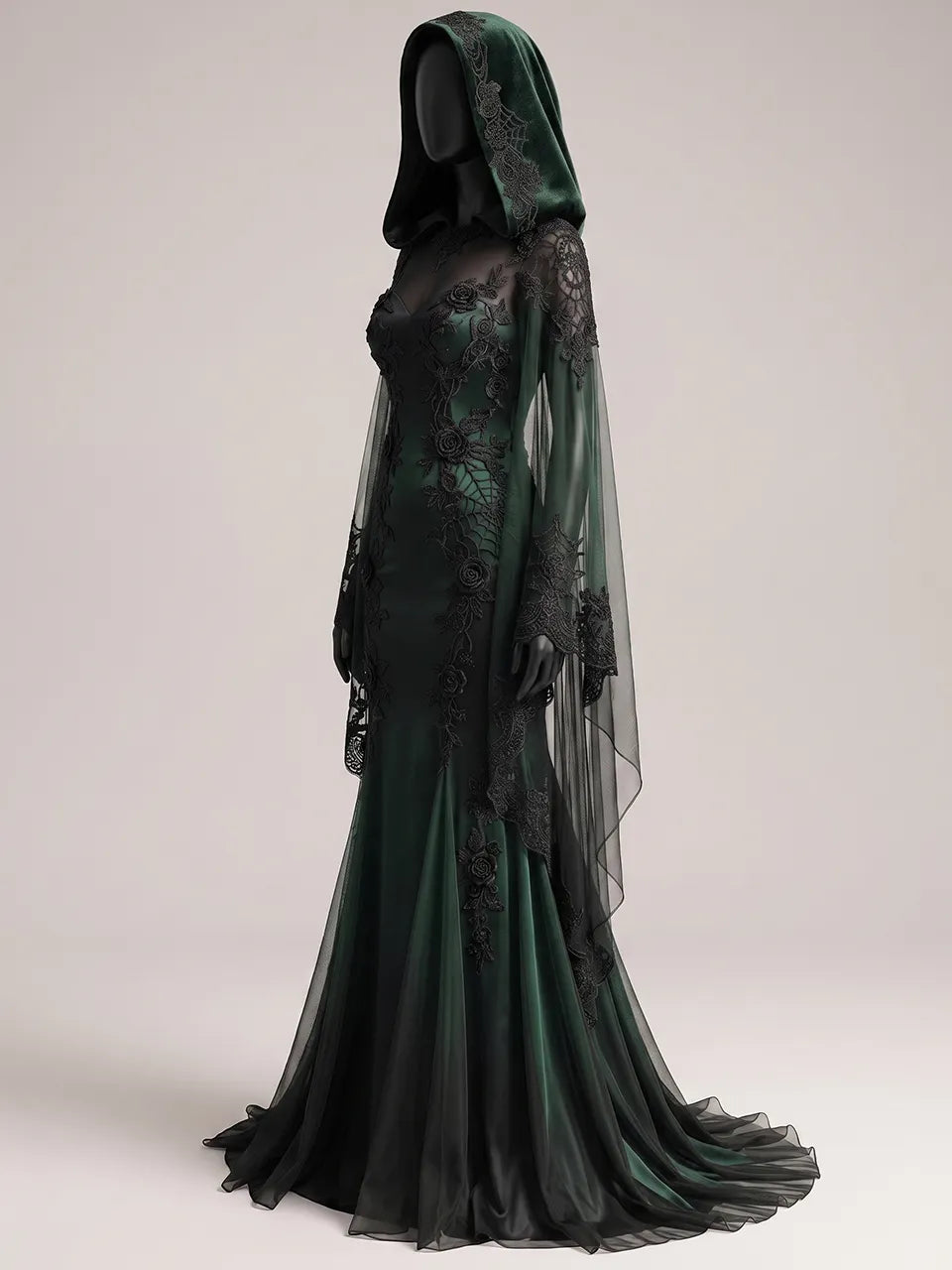 Womens Sheer Mesh Panel Sweetheart Neck Hooded Embroidered Flowy Cape Sleeve Mermaid Train Maxi Gown