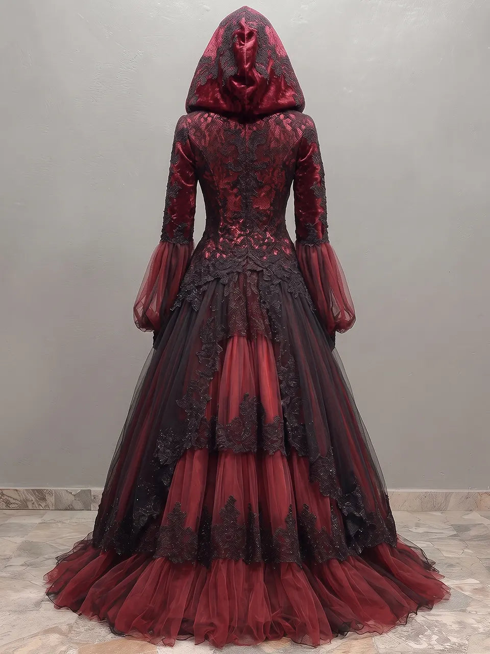 Womens Hooded V-neck Spliced Lace Puff Sleeve Tiered Tulle Long Gown