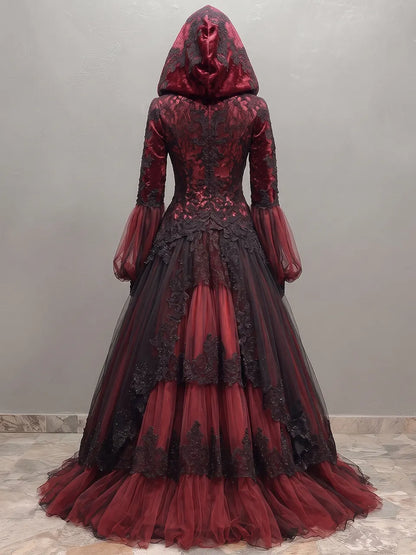 Womens Hooded V-neck Spliced Lace Puff Sleeve Tiered Tulle Long Gown