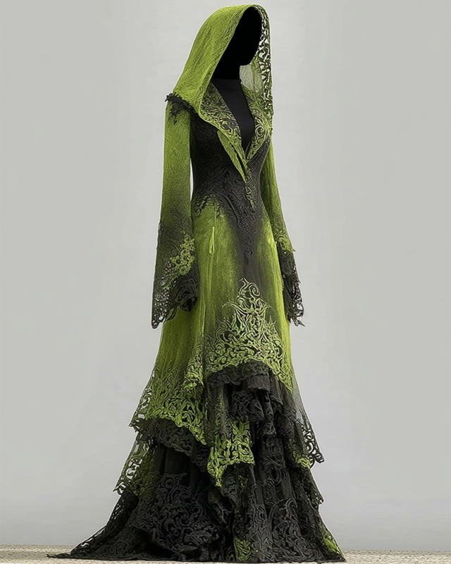 Boho Witch Gradient Snake Print Lace Paneled Hooded Evening Dress be6b
