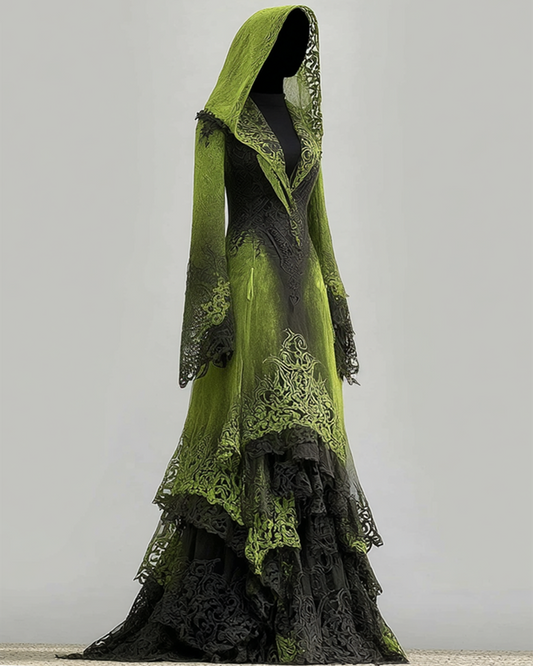Boho Witch Gradient Snake Print Lace Paneled Hooded Evening Dress be6b