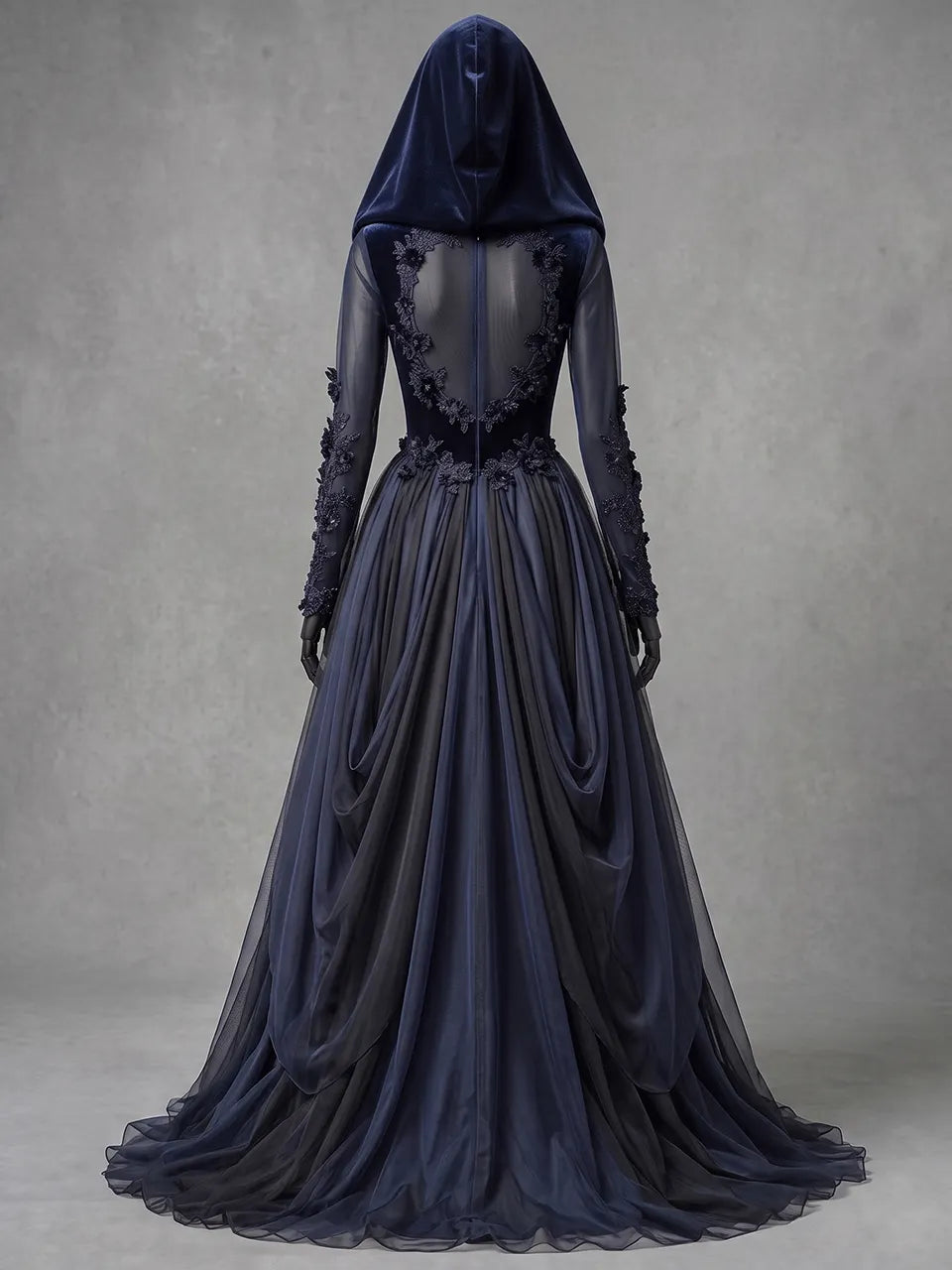 Womens V-neck Hooded Long Sleeve Lace Up 3D Floral Layered Tulle Flowy Maxi Gown