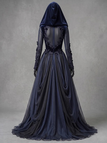 Womens V-neck Hooded Long Sleeve Lace Up 3D Floral Layered Tulle Flowy Maxi Gown
