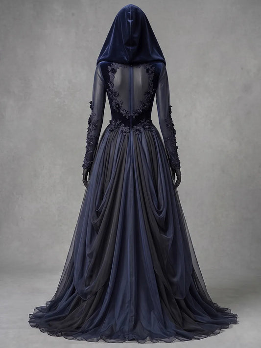 Womens V-neck Hooded Long Sleeve Lace Up 3D Floral Layered Tulle Flowy Maxi Gown