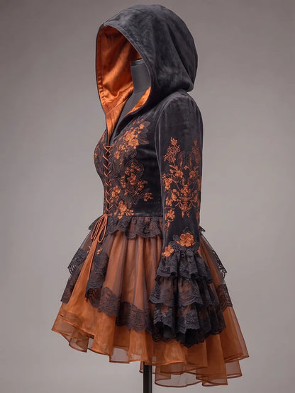 Womens Hooded V Neck Velvet Embroidered Lace Up Waist Flare Sleeve Lace Layered Tulle Short Dress