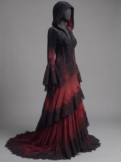 Womens Hooded V Neck Fitted Velvet Embroidered Lace Spliced Gradient Tulle Mermaid Train Long Gown