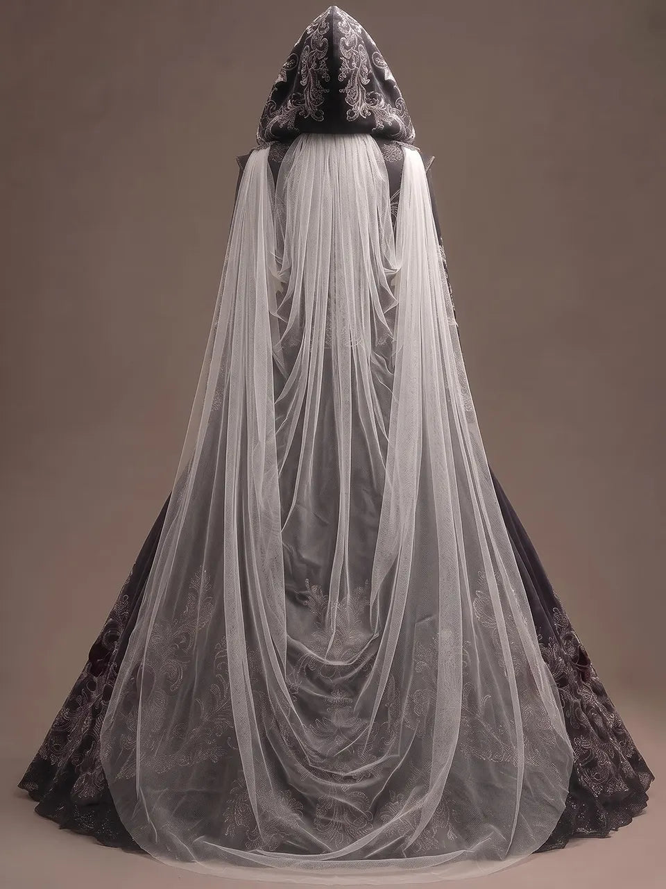 Womens Hooded Deep V Neck Velvet Embroidered Long Sleeve Ball Gown Train Long Dress