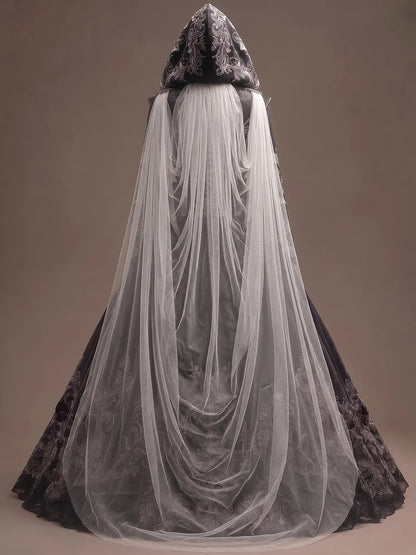 Womens Hooded Deep V Neck Velvet Embroidered Long Sleeve Ball Gown Train Long Dress