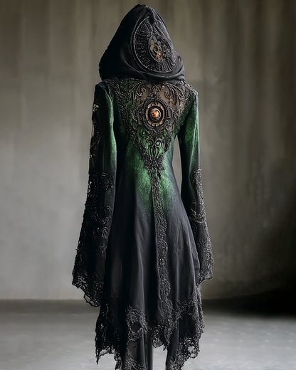 Boho Witch Gradient Embroidered Lace Patchwork Hooded Evening Dress df61