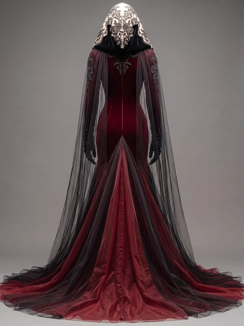 Womens Sweetheart Neck Hooded Long Sleeve Applique Tulle Panel Fitted Train Maxi Gown