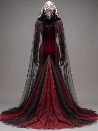 Womens Sweetheart Neck Hooded Long Sleeve Applique Tulle Panel Fitted Train Maxi Gown