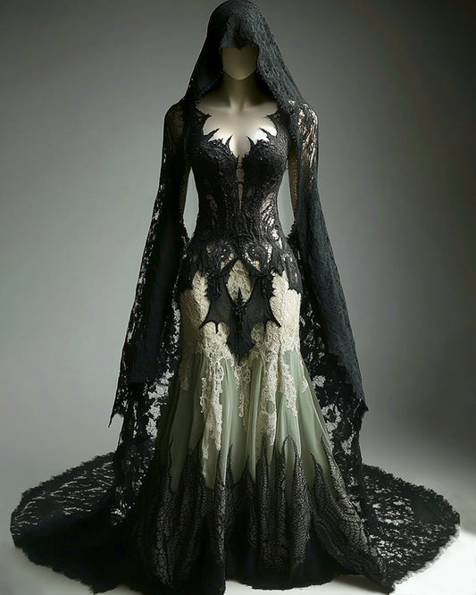 Giseabel Bohemian style gradient bat lace embroidery patchwork hooded Evening Dress e3f4
