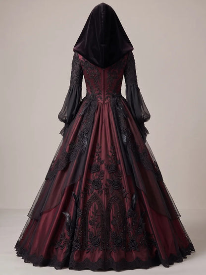 Womens V Neck Velvet Hooded Lantern Sleeve Embroidered Tulle Overlay Ball Gown