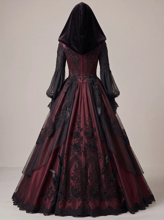 Womens V Neck Velvet Hooded Lantern Sleeve Embroidered Tulle Overlay Ball Gown