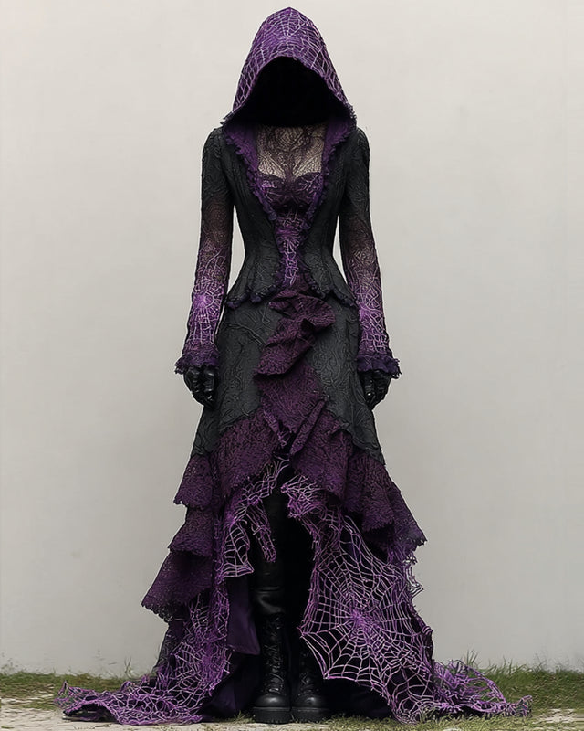 Boho Witch Contrast Spiderweb Lace Panel Ruffle Hooded Evening Dress c505