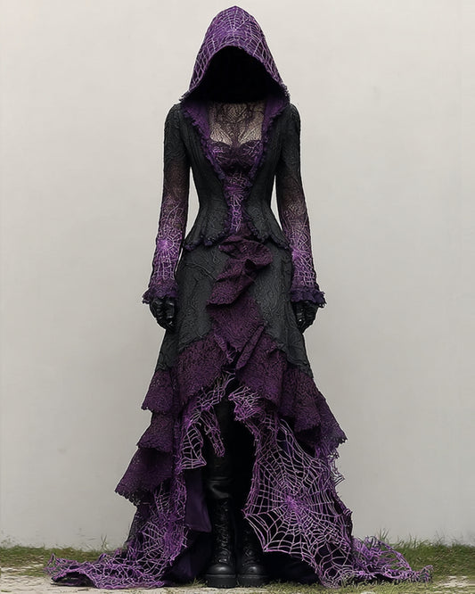 Boho Witch Contrast Spiderweb Lace Panel Ruffle Hooded Evening Dress c505