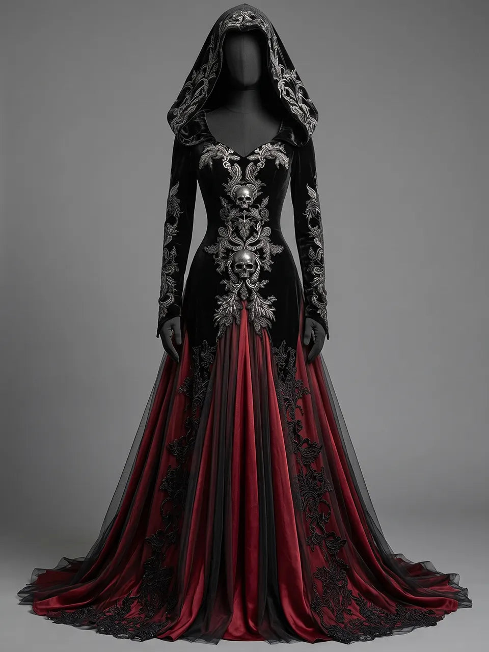 Womens V-neck Hooded Long Sleeve Skull Embroidered Velvet Spliced Tulle Flare Train Maxi Gown