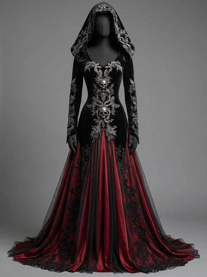 Womens V-neck Hooded Long Sleeve Skull Embroidered Velvet Spliced Tulle Flare Train Maxi Gown
