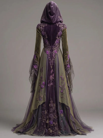 Womens Hooded V-neck Velvet Spliced Embroidered Flared Sleeve Irregular Tulle Train Long Gown