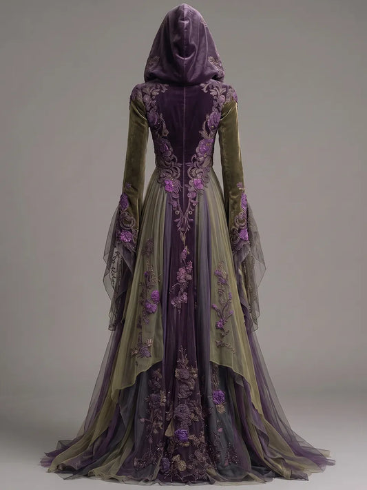Womens Hooded V-neck Velvet Spliced Embroidered Flared Sleeve Irregular Tulle Train Long Gown