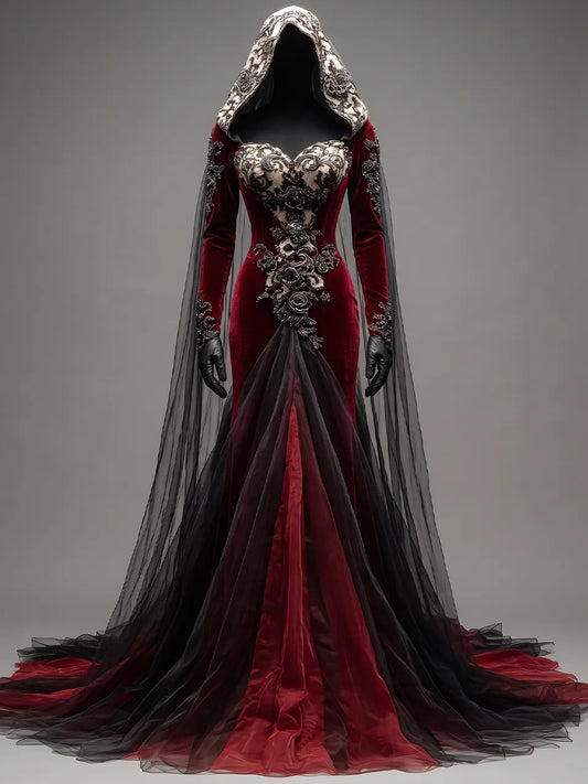 Womens Sweetheart Neck Hooded Long Sleeve Applique Tulle Panel Fitted Train Maxi Gown