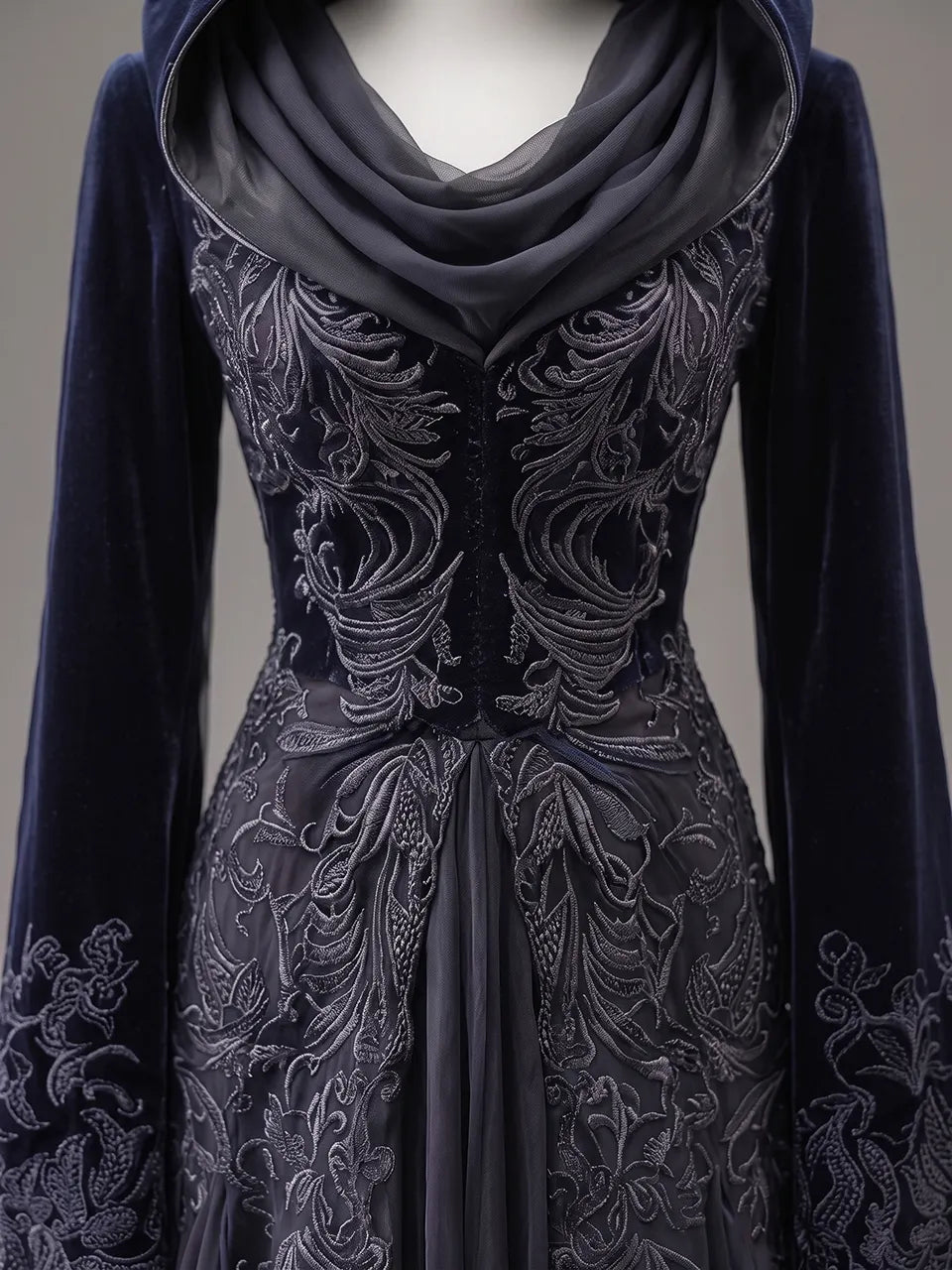 Womens V-neck Hooded Draped Collar Flare Sleeve Vine Embroidered Velvet Tulle Train Maxi Gown