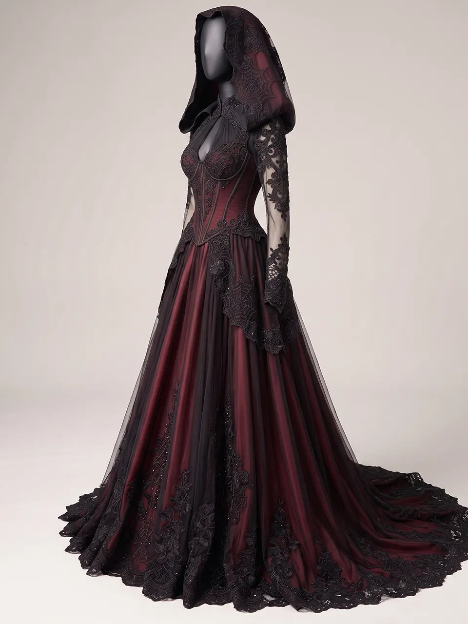 Womens Stand Collar Cut Out Keyhole Corset Mesh Long Sleeve Hooded Lace Embroidered Train Maxi Gown