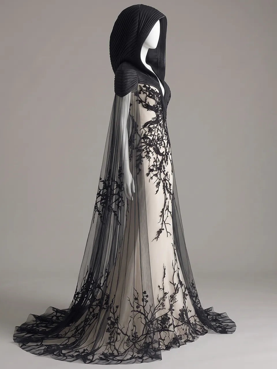 Womens Hooded V Neck Fitted Embroidered Sheer Train Tulle Cape Mermaid Long Gown