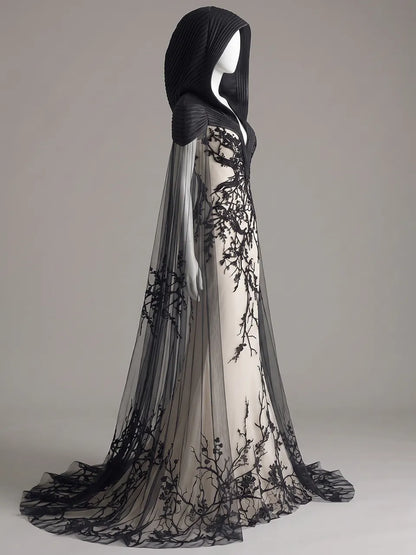 Womens Hooded V Neck Fitted Embroidered Sheer Train Tulle Cape Mermaid Long Gown