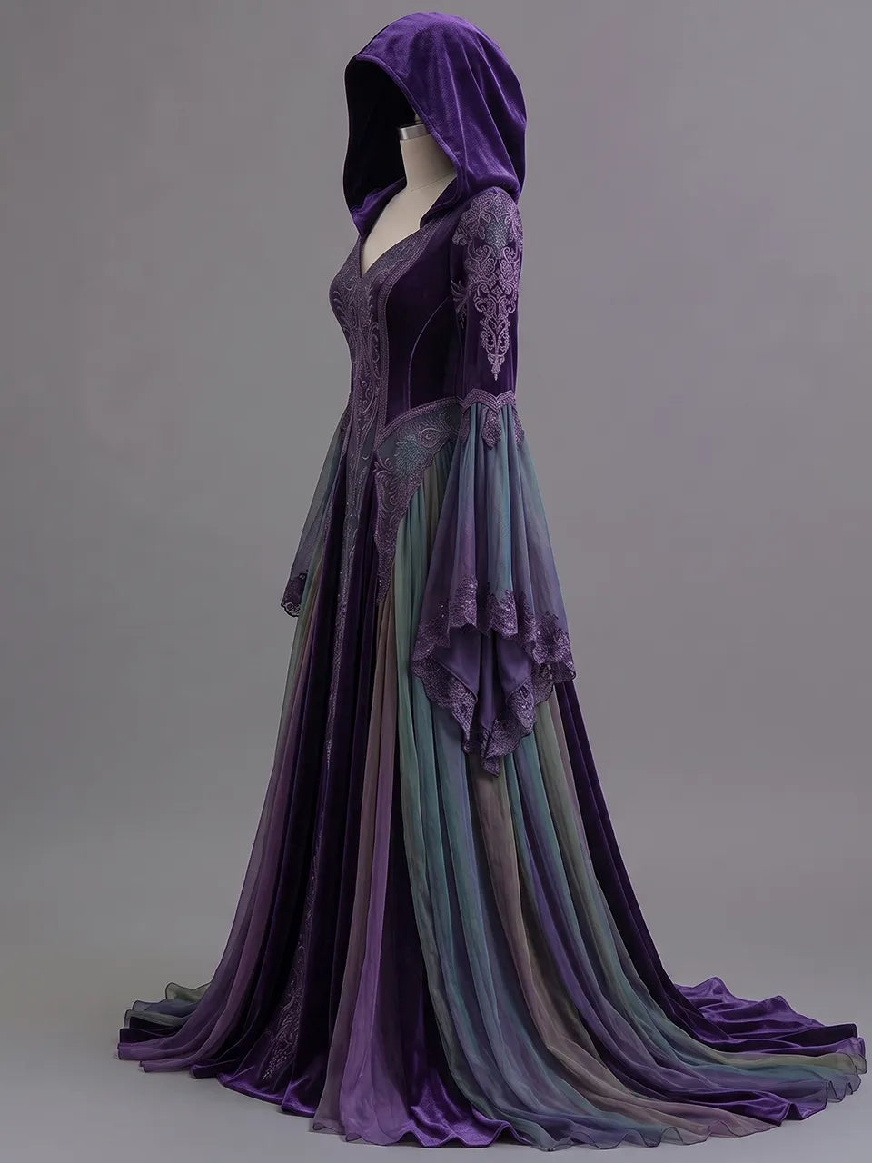 Womens Hooded V Neck Velvet Embroidered Spliced Sheer Flare Sleeve Layered Tulle Train Long Gown