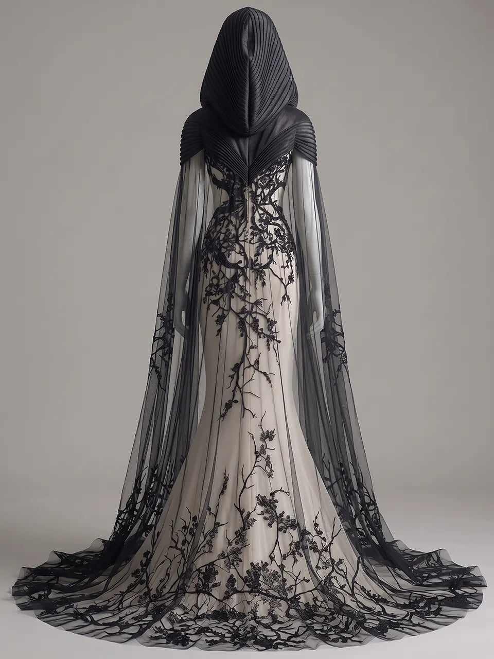 Womens Hooded V Neck Fitted Embroidered Sheer Train Tulle Cape Mermaid Long Gown