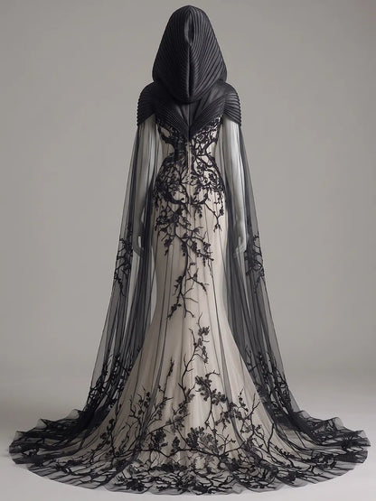Womens Hooded V Neck Fitted Embroidered Sheer Train Tulle Cape Mermaid Long Gown