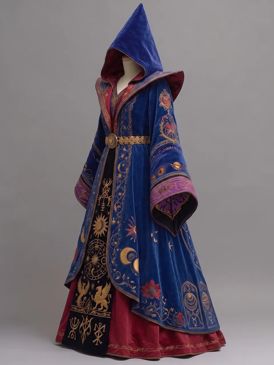 Womens Pointed Hood Wide Lapel Flare Sleeve Mystical Symbol Embroidered Velvet Long Wizard Robe