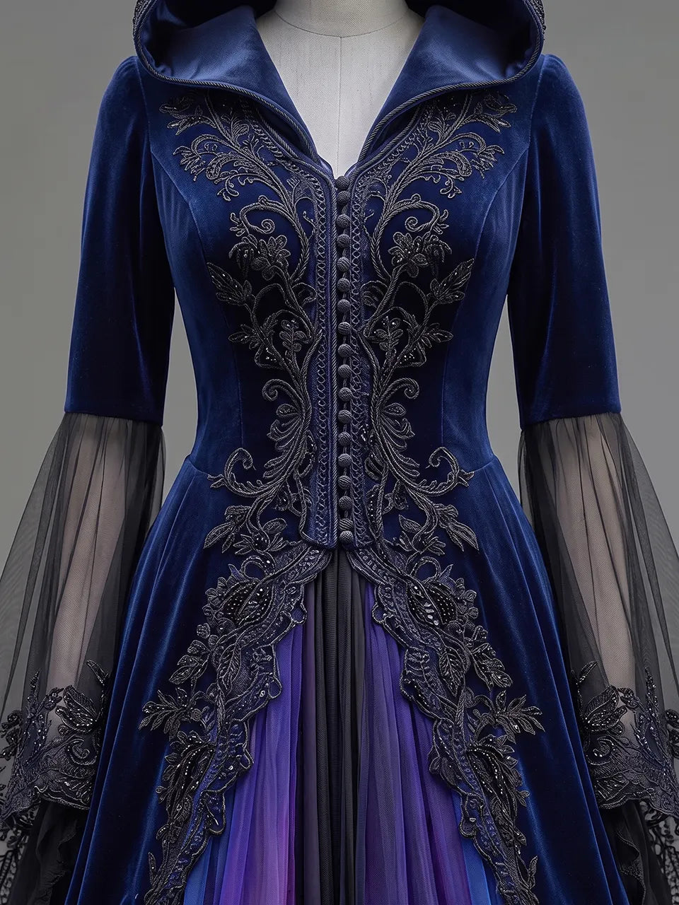 Womens Hooded V Neck Velvet Button Decor Embroidered Lace Spliced Sheer Flare Sleeve Tulle Train Long Gown